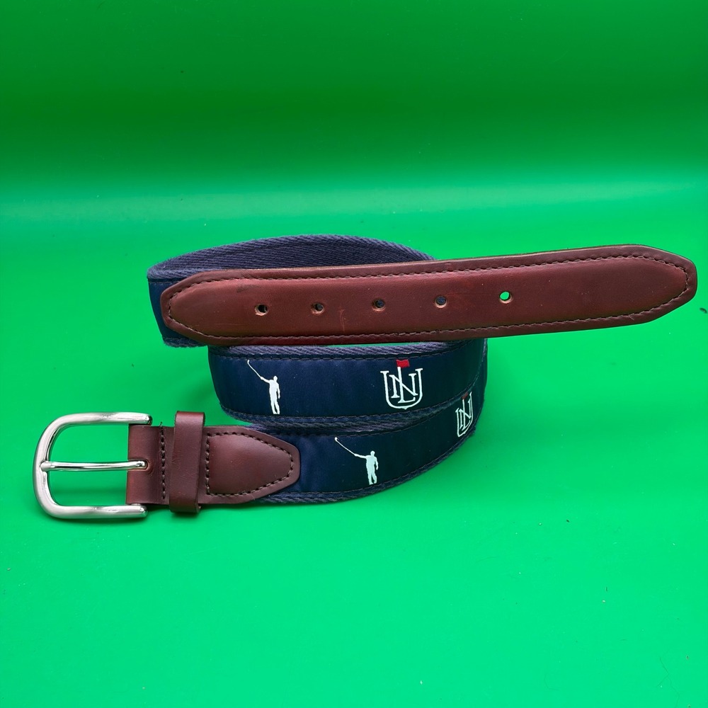 No Laying Up Ribbon Golf Belt Mens 34 Blue/Brown Leather Brass Buckle NLU Crest